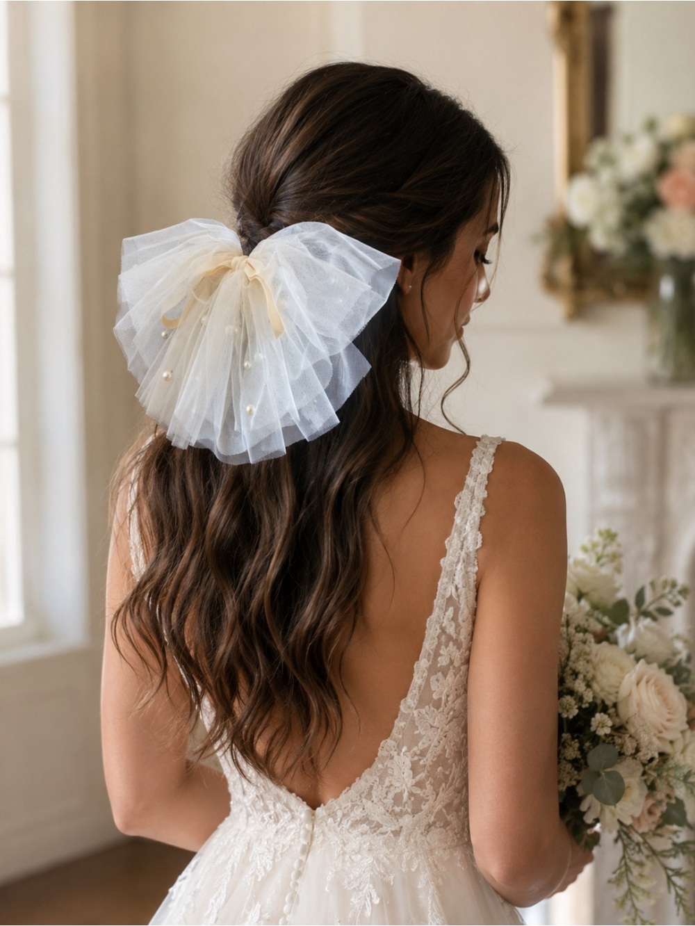 Ivory Tulle Bow Hair clip wedding Pearl Accents bridal barrette flower girl veil